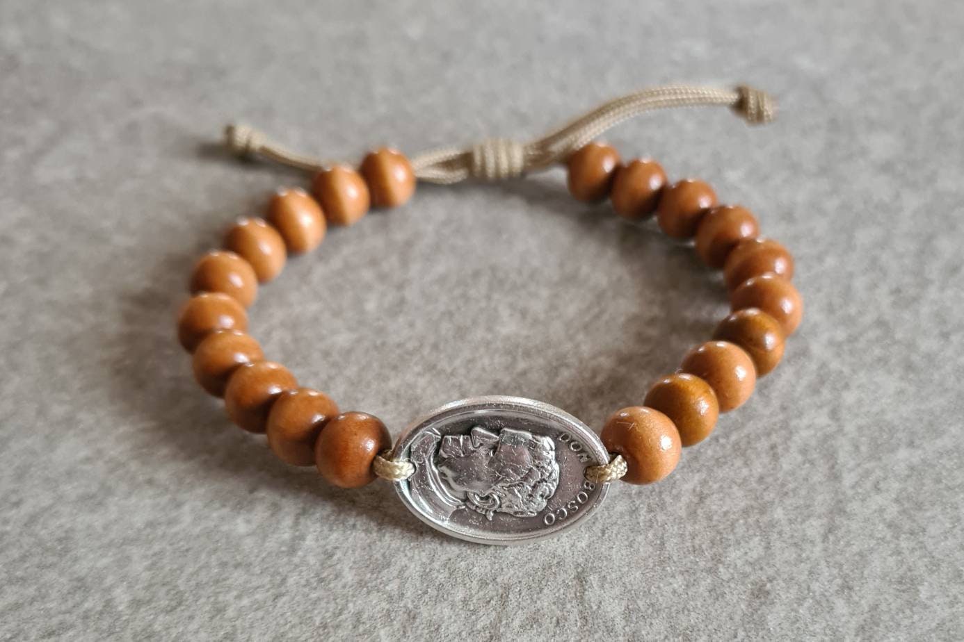 DON BOSCO wood bracelet, John Bosco, St Don Bosco medal, catholic bracelet, cord christian bracelet