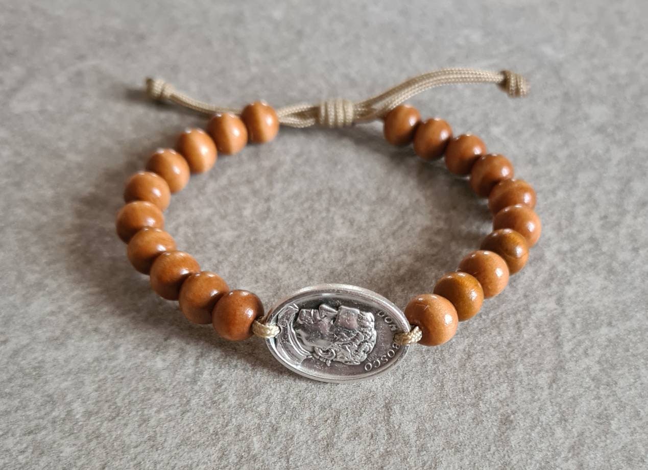 DON BOSCO wood bracelet, John Bosco, St Don Bosco medal, catholic bracelet, cord christian bracelet