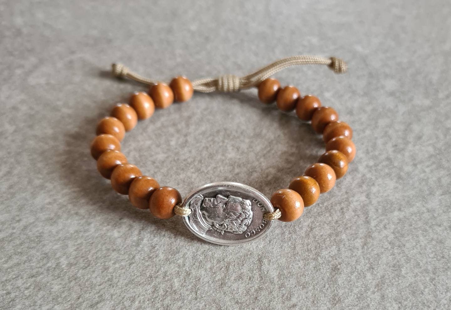 DON BOSCO wood bracelet, John Bosco, St Don Bosco medal, catholic bracelet, cord christian bracelet