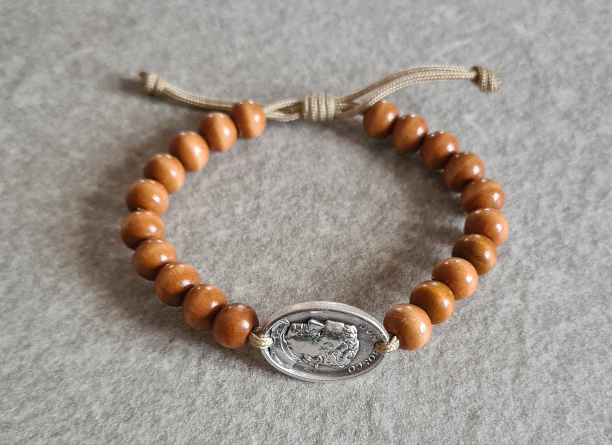 DON BOSCO wood bracelet, John Bosco, St Don Bosco medal, catholic bracelet, cord christian bracelet
