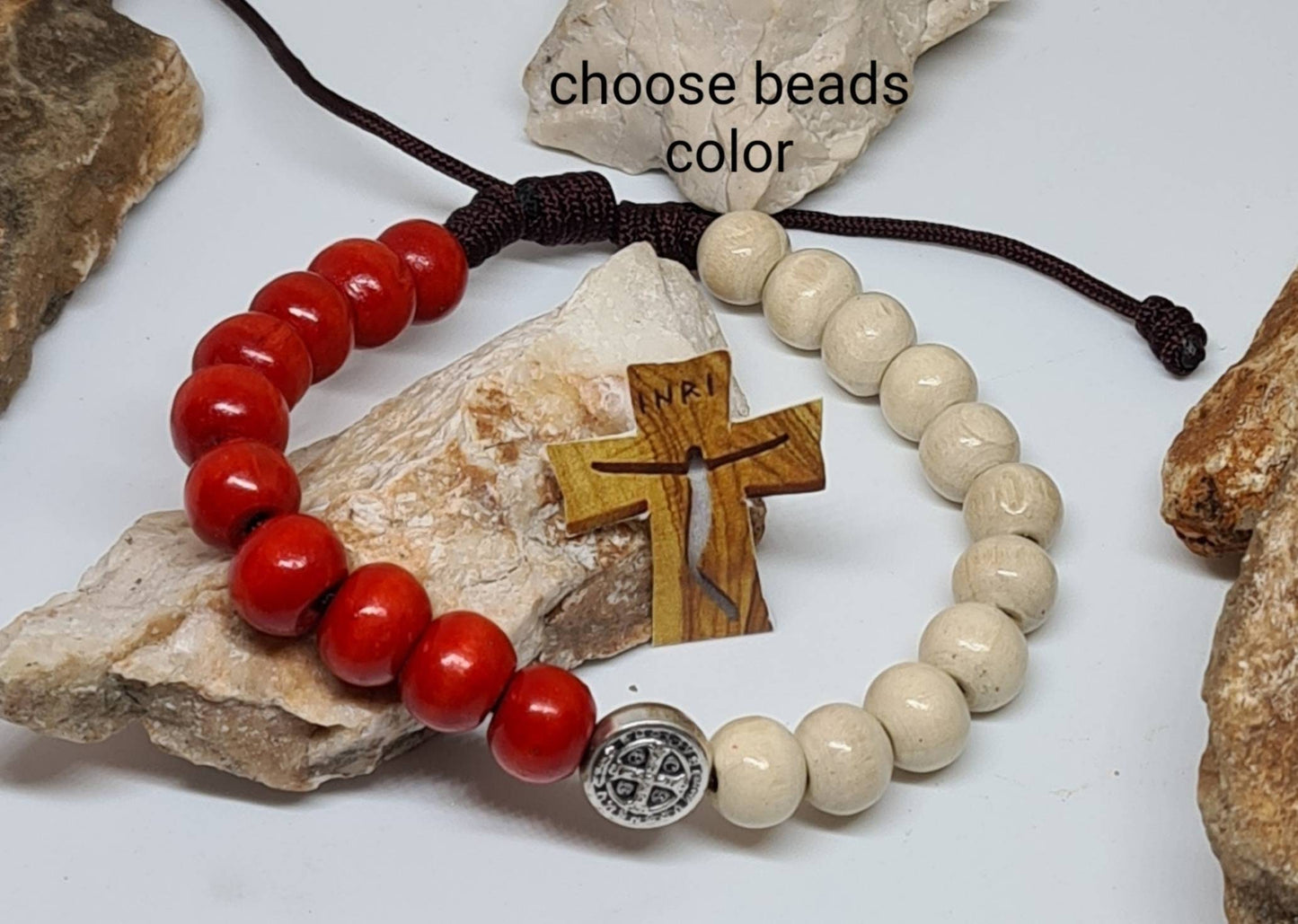 Saint Benedict Bracelet, wooden bracelet, beads 8mm, handmade catholic bracelet, san Benito medal, religious jewelry from Medjugorje